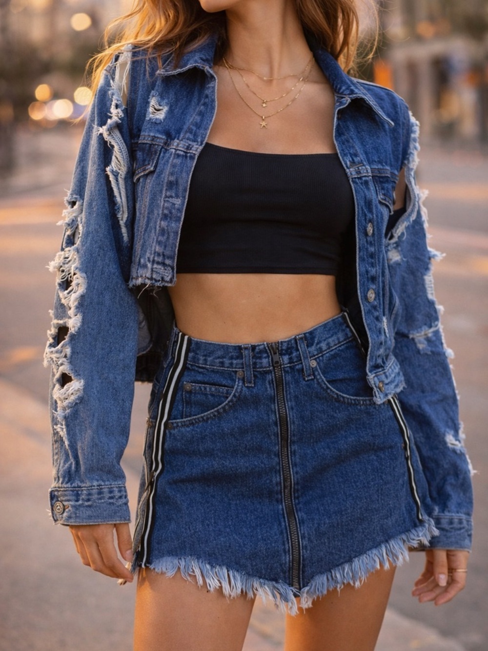 Carmar Zip Front Denim Mini Skirt Raw Hem Reflective Stripe Y2K Festival 25